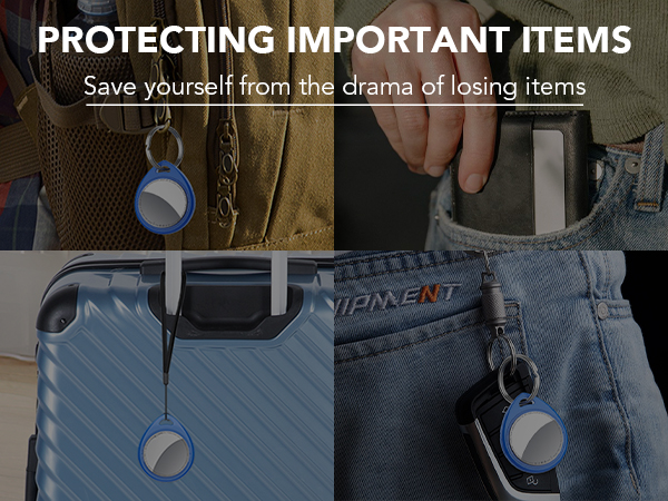 Text reads 'PROTECTING IMPORTANT ITEMS' and 'Save yourself from the drama of losing items'. Series showing attachment of small tracking device to jeans pocket.