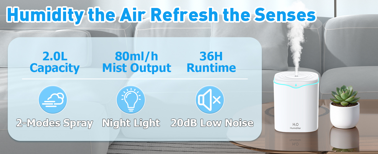 iucpss humidifier,humidity the air refresh the senses, 2L water tank, 80ml/h mist output, low noise