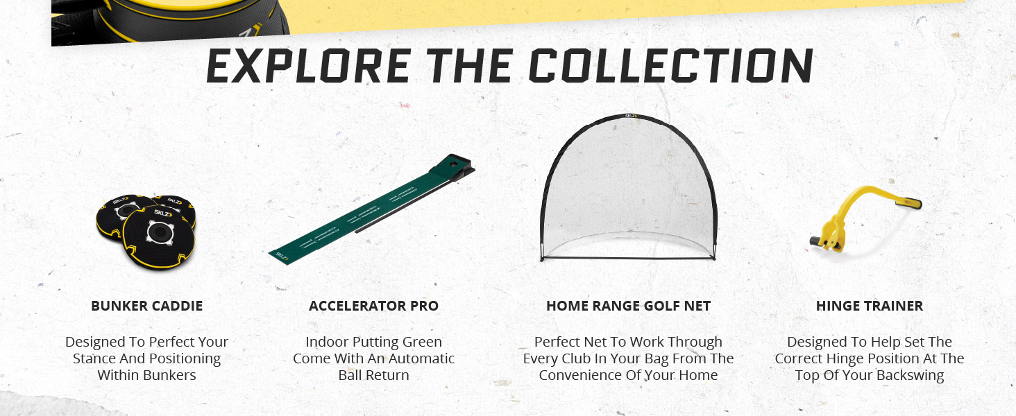 SKLZ Collection: Bunker Caddie, Accelerator Pro, Home Range Golf Net, Hinge Trainer
