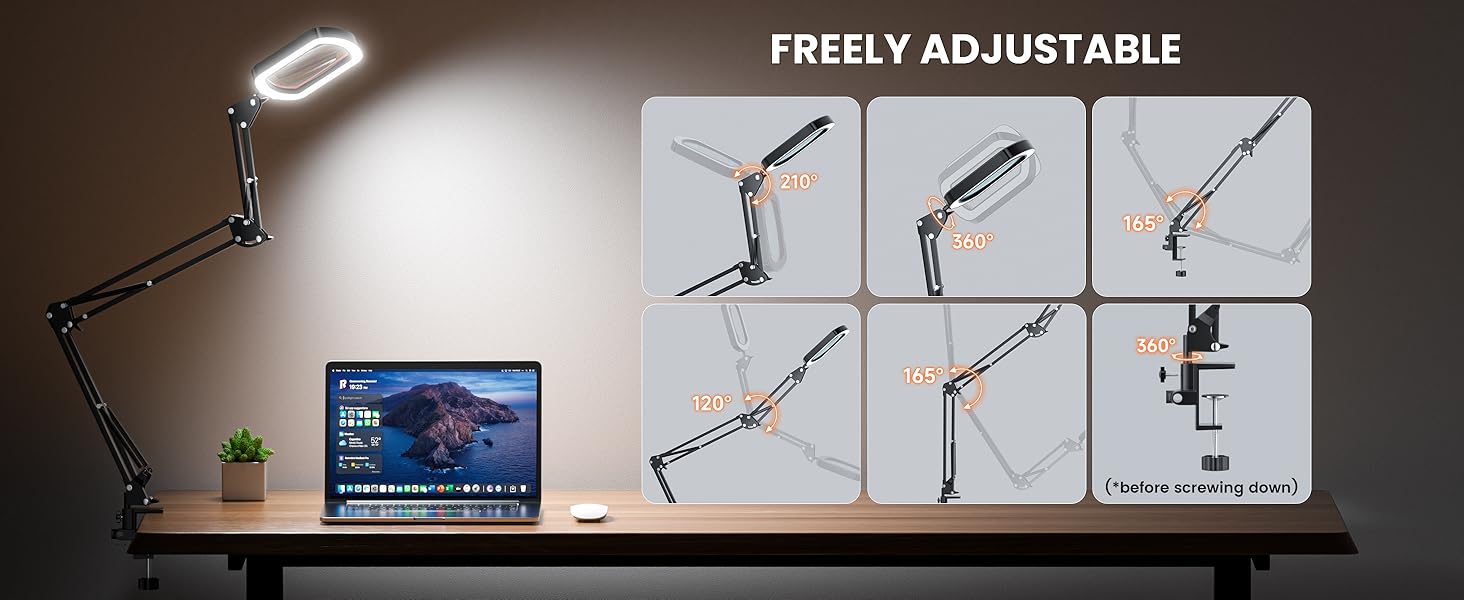 Text reads 'FREELY ADJUSTABLE'. Diagram showing flexible positioning capabilities of a product with multiple adjustment angles illustrated through silhouettes.