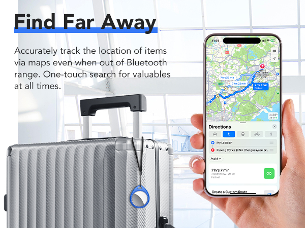 Text reads 'Find Far Away'. Product interface showing mobile phone screens with location tracking and map features, demonstrating Bluetooth item finding functionality.