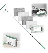 Extendable cleaning system with long handle and interchangeable pads. Includes grey and white rectangular pads, a textured scrubber, and a bristle brush attachment for versatile surface cleaning.