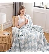 EMME Checkered Throw Blanket Cotton for Couch Soft Muslin Bamboo Blankets 50"x60" Lightweight Bre...