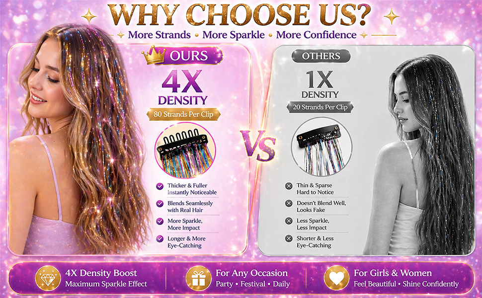 4x density design hair tinsel, more strands more sparkle more confidence