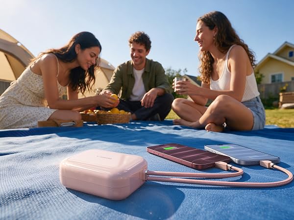 Dual USB C fast charger power bank charging two phones together at an outdoor travel picnic