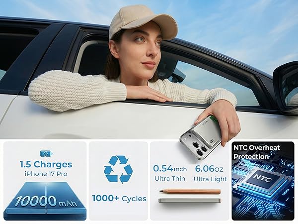 10000mAh magnetic power bank ultra slim long lifespan NTC protection for car travel