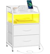 HOOBRO Nightstand with Charging Station, Bedside Table with Adjustable Fabric Drawer, Night Stand...