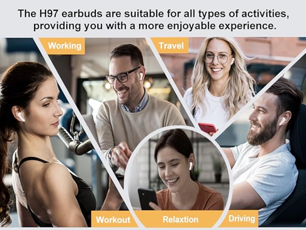 Group of people in casual setting demonstrating wireless earbuds. Text reads 'The H87 earbuds are suitable for all types of activities.'