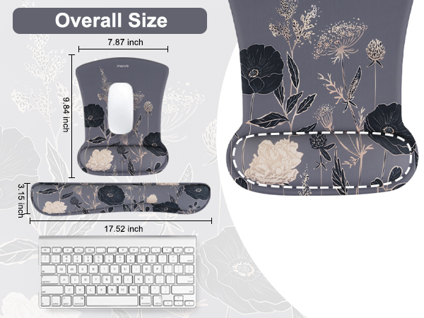Keyboard wrist rest pad with floral embroidered design in silver/gray on dark background, shown from multiple angles with measurement indicators.