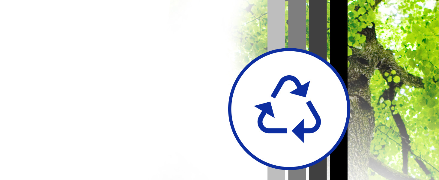 Brother recycling symbol overlaid over image of green tree canopy