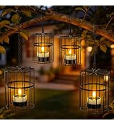 PChero Solar Hanging Lanterns Outdoor Waterproof, 2 Large + 2 Small Iron Candle Holders with Flic...