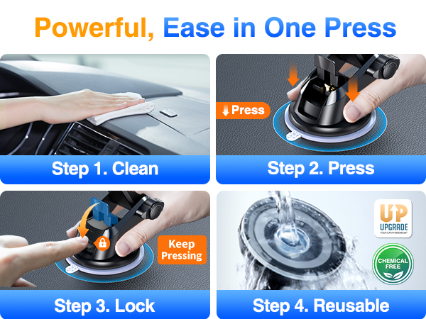 Four-step process for using a car dent removal tool. Steps show cleaning, pressing, locking, and reusing the device on a car surface.