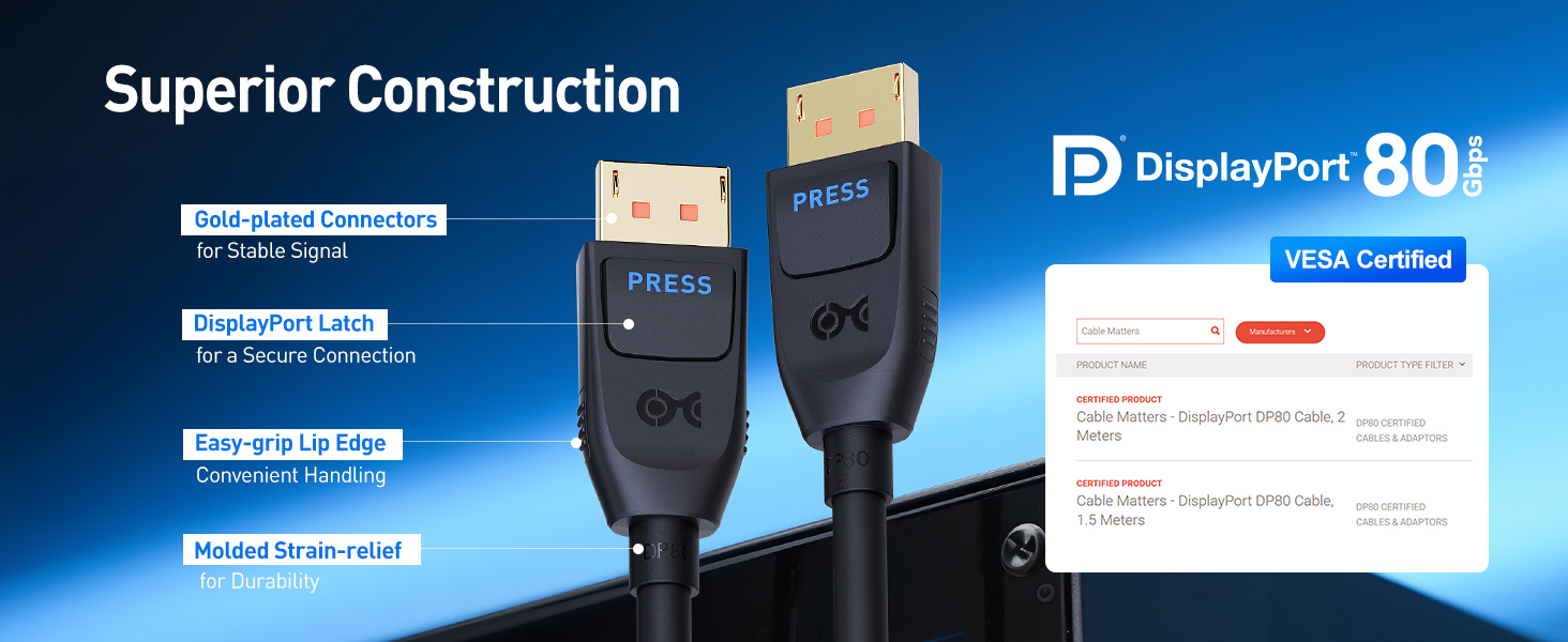 Cable Matters VESA Certified DisplayPort 2.1 Cable