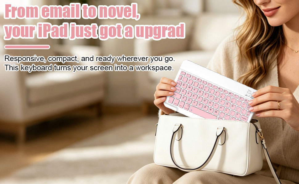 Text reads 'From small touches to your iPad, just got an upgrade!' Woman holding white tablet device with pink case against torso, indoor setting visible.