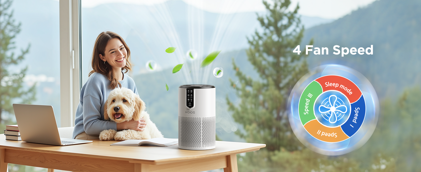 air purifier with 4 fan speeds mode, removes pet hair for indoor bedroom, living room with pets