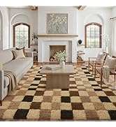 WondRg 8x10 Checkered Area Rug Brown Fluffy Shag Living Room Throw Carpet Washable Non-Slip Soft ...
