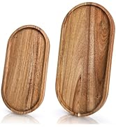Elsjoy Set of 2 Acacia Wood Serving Trays, Long Wooden Serving Platter Oval Charcuterie Board Set...