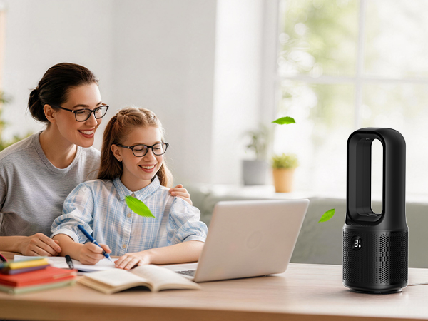 Mom and daughter studying at desk – quiet fan breeze, gentle comfort for focused learning.