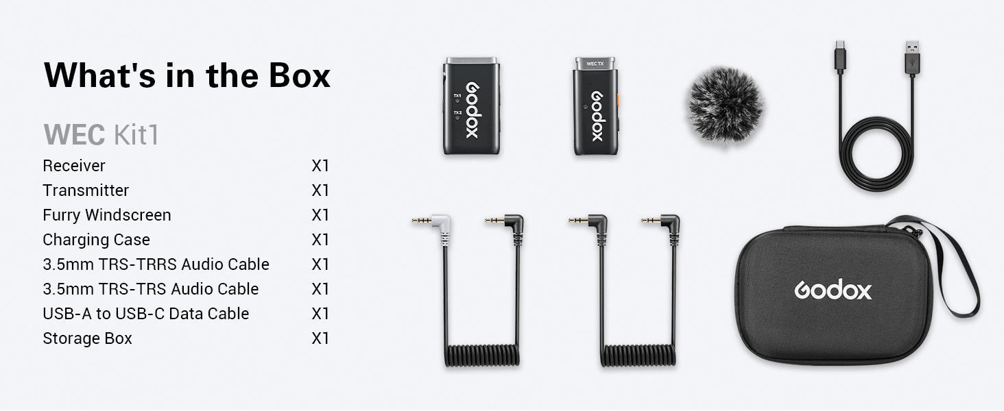 Audio equipment kit including receivers, transmitters, microphone, cables, and carrying case. Components listed in 'What's in the Box' section.