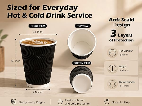 12 oz Disposable Paper Coffee Cups 100 Pack, Leak Proof Insulated Ripple Wall To-Go Cups