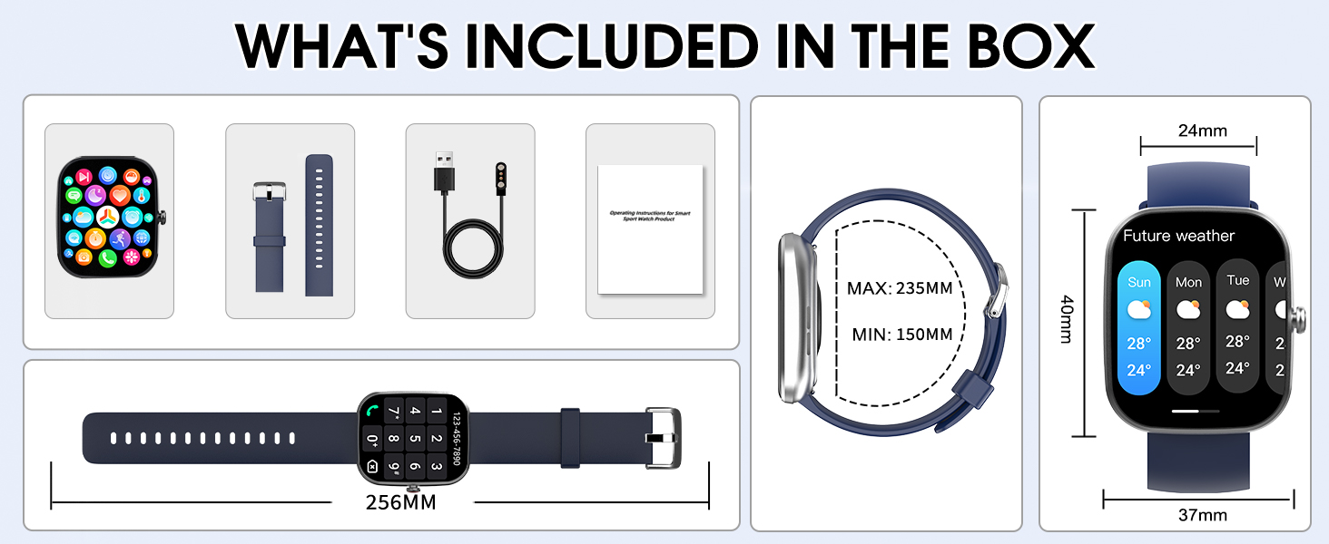 Box contents for a smartwatch: watch with square display, charging cable, user manual, and additional watch band shown as illustrations.