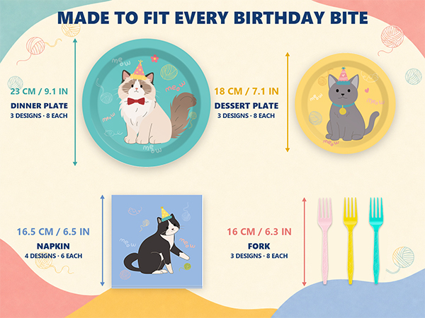96PCS Cute Cat Party Plates and Napkins for Party Supplies