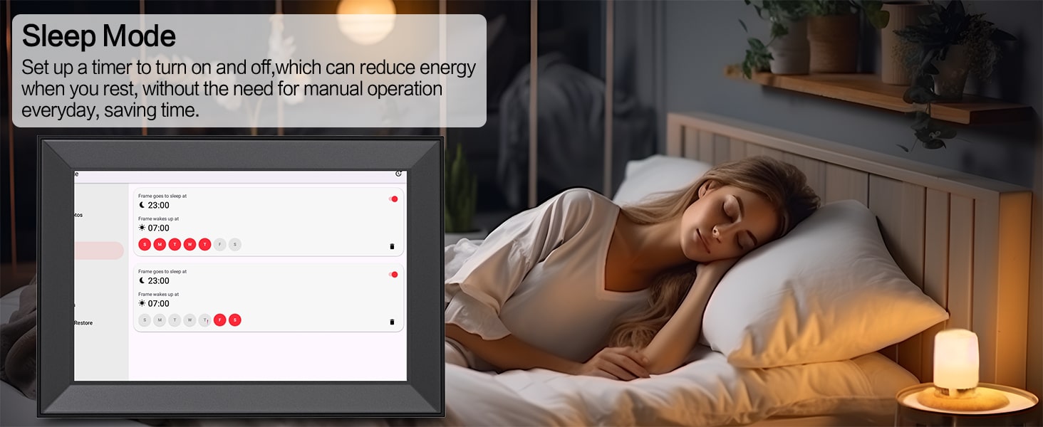The automatic on/off time of the Frameo digital photo frame can be set freely.
