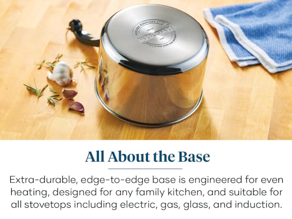 Fully covered stainless steel base is durable and works on all stovetops, including induction.