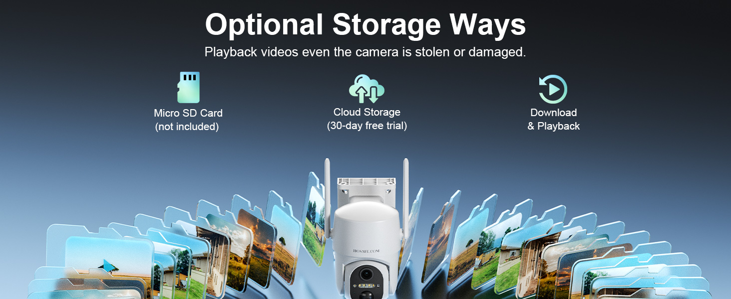 Wireless security camera outdoor saves events to local or cloud storage