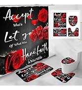 Litabel 4 Pcs Red Rose Shower Curtain Set with Non-Slip Rugs, Toilet Lid Cover and Bath Mat, Retr...
