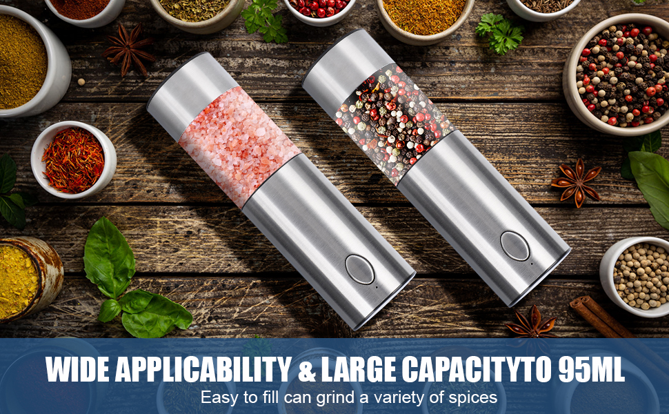 Large capacity 95ml electric salt and pepper grinders for multiple spices and kitchen use