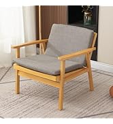 Wooden Accent Chair with PE Rattan Look Seat and Back, Single Seat Lounge Armchair, Leisure Comfy...