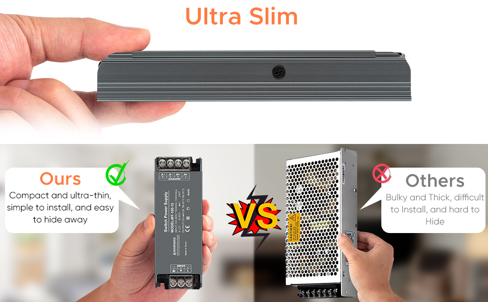 Product comparison showing ultra-slim power supply unit versus traditional bulky version, emphasizing compact design differences.