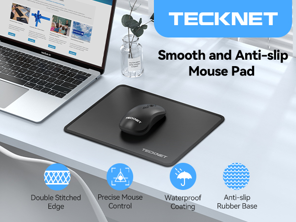 Tecknet mouse pad on desk next to laptop and mouse. Features include smooth surface, anti-slip base, precise control, and waterproof coating.