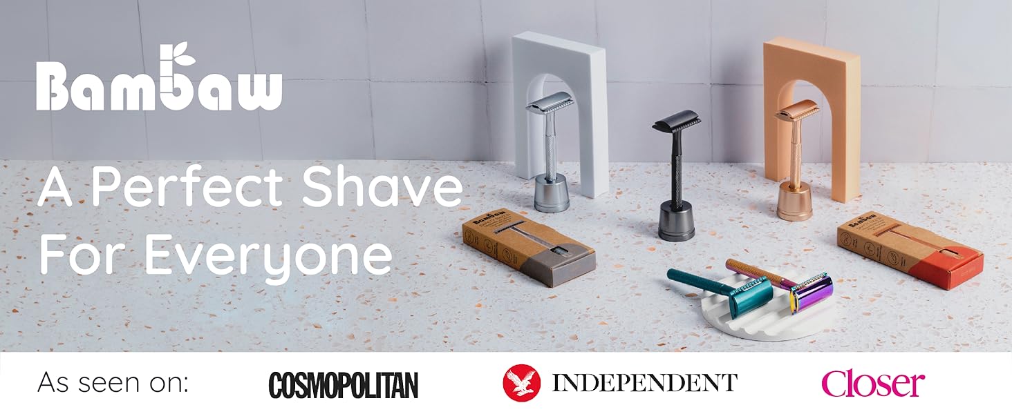 Collection of shaving razors in different metallic finishes displayed on bathroom counter, with press mentions from Cosmopolitan and Independent.