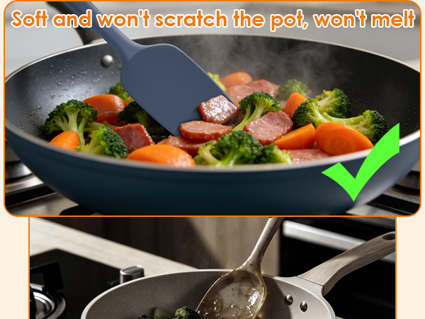 Silicone spatula stirs food without scratching non-stick pans, safe vs metal utensils