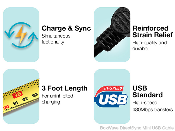 Features include: Charge and Sync, 3 foot length, Reinforced Strain Relief, USB Standard