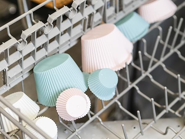 Silicone baking cups of various sizes in the dishwasher