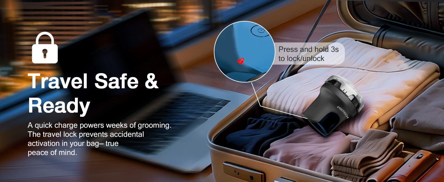 The travel lock prevents accidental activation in your bag — true peace of mind.