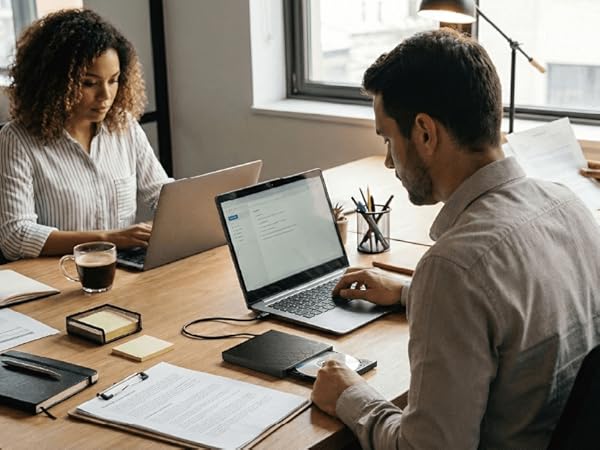 Office?scene?of?employees?working?on?laptops?using?ERGOOCUSHION?External?DVD?Drive,?rear?view.