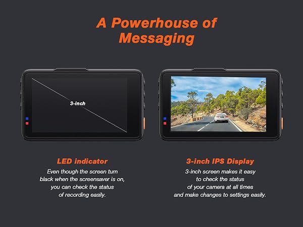 Product display showing black electronic device with LED indicator and 3-inch IPS display screens, featuring driving footage example.