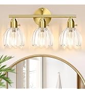 3-Light Bathroom Light Fixtures, Gold Bathroom Wall Light with Clear Tulip Glass Shade, Brass Bat...