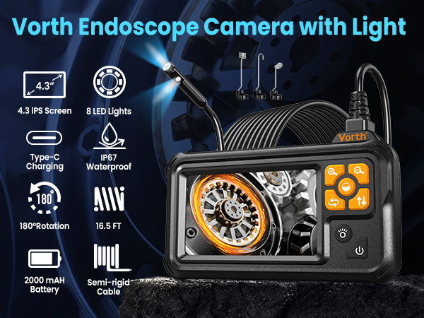Vorth Endoscope Camera with Light, 4.3" IPS Screen 1080P Borescope Tools with 8 LED Lights