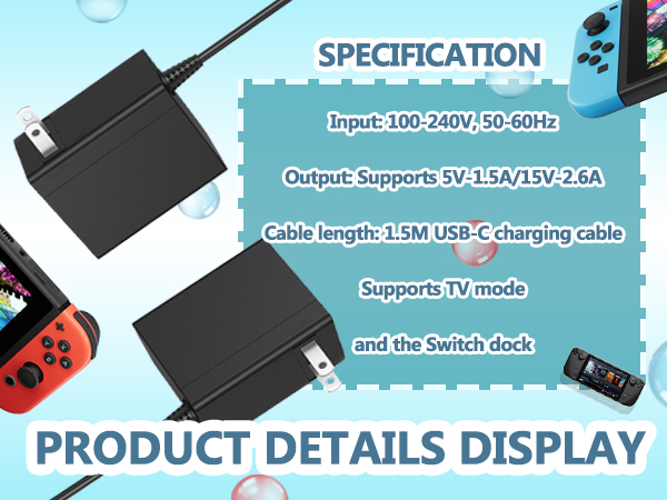 Switch charger, Switch AC Adapter with Switch Lite/Switch OLED/Switch Pro Switch Dock