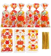 DIYASY Fall Cellophane Treat Bags,120 Pcs Autumn Maple Leaves Pumpkin Candy Bags with Twist Ties ...