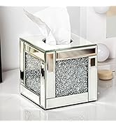 SHYFOY Mirrored Tissue Box Cover Holder, Square Glass Facial Tissue Holder with Crushed Diamond C...