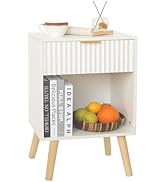 Fultyle White Nightstand, Modern Bedside Table with Drawer and Opening Storage, Fluted End Side T...
