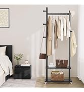 Taitiy Coat Rack Freestanding Clothing Rack with Wheels &amp; 2 Shelves Storage &amp; 5 Hooks Heavy Duty ...