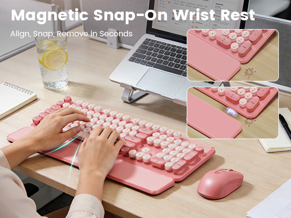 wireless keyboard with magnetic snap on wrist rest shown attaching and removing in seconds