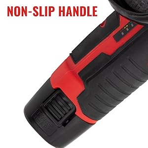 Close-up of an ergonomic tool handle featuring red and black non-slip grip design with textured surface patterns.